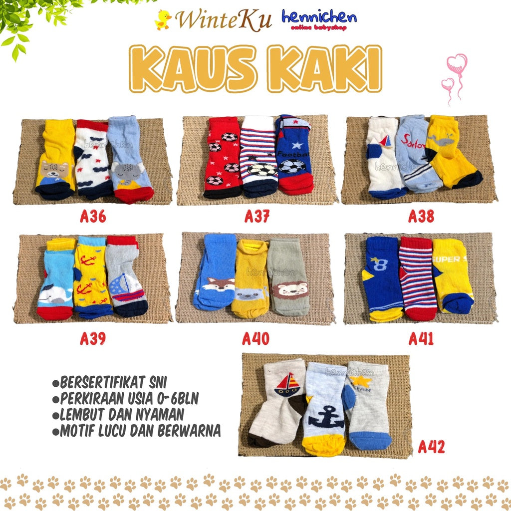 BANYAK MOTIF RANDOM PROMO1.1   MURAH 3 Pcs Kaos Kaki baby WINTEKU newborn size 0-6 Bulan