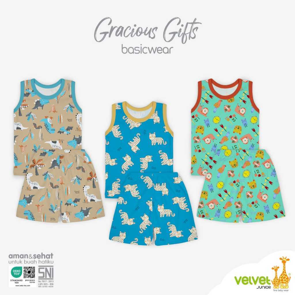 Velvet junior / ARUCHI / MIYO setelan KUTUNG setelan SINGLET GALAPAGOS / SPRING HARMONY /  SPLASHING JOY / EXPEDITION / ENDEARING LION  /  HAPPY DAYS / BLISSFUL BUDDIES  / WARM CUDDLE / DINO BUDDIES baju anak / baju bayi NB SML XL XXL SNI