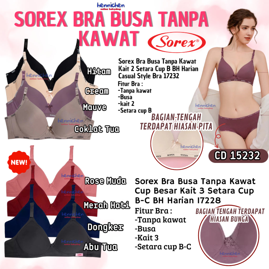 Sorex Bra 34-40 Dengan Busa Tanpa Kawat Kait 2 Setara Cup B BH 17232 17228