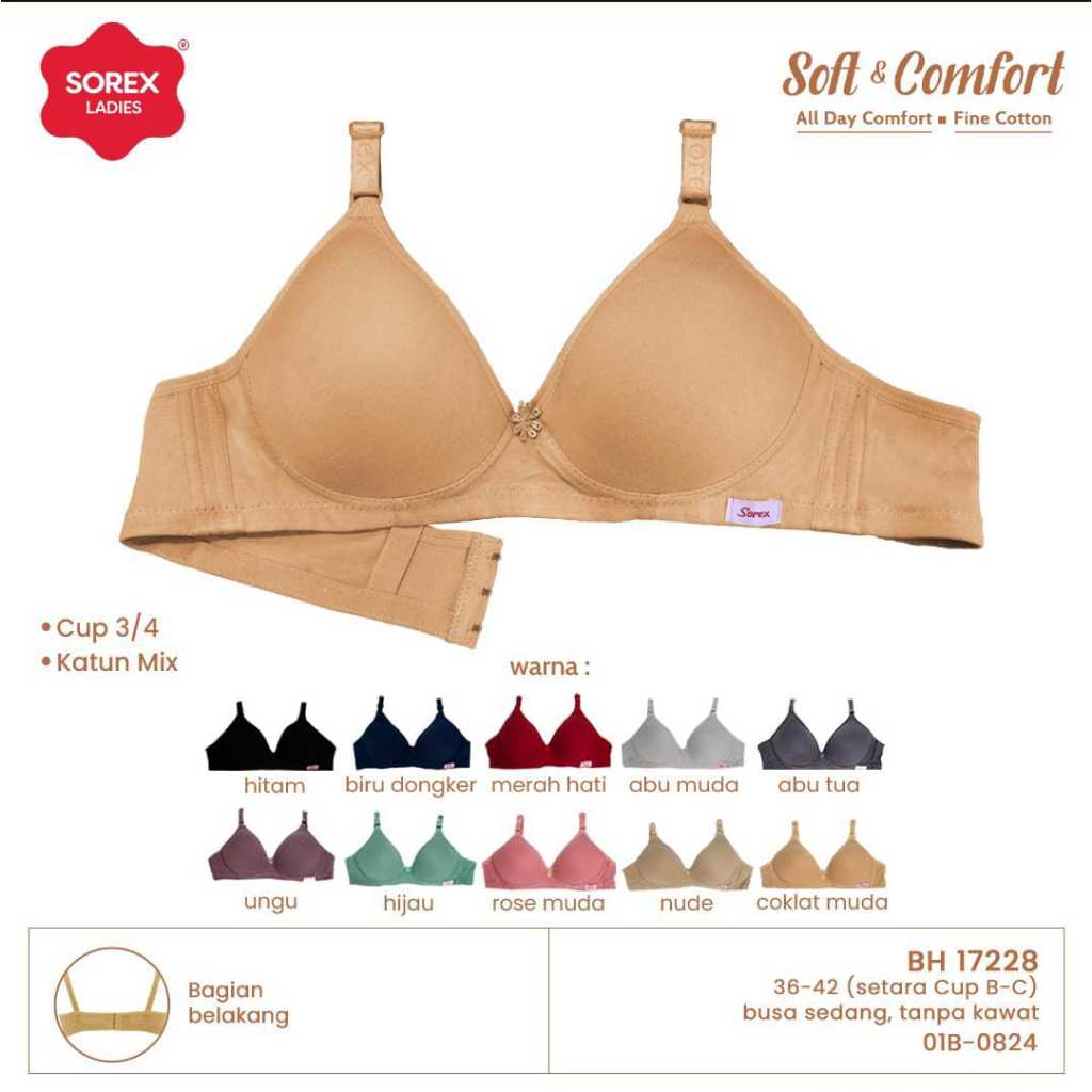 Sorex Bra 34-40 Dengan Busa Tanpa Kawat Kait 2 Setara Cup B BH 17232 17228