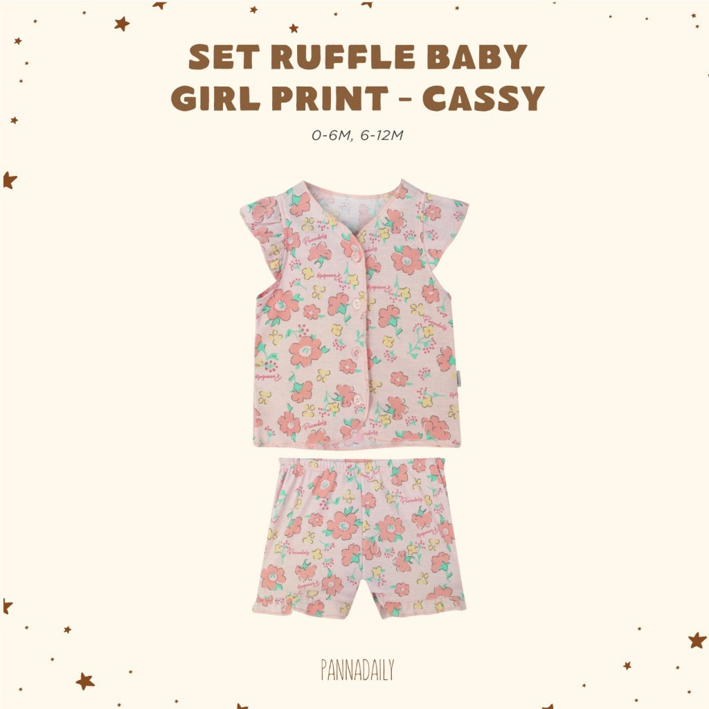Pannadaily 0-12 Bulan Floral Basic Baby Set Ruffle / Piyama Pendek Ruffle Motif Bunga Bohopanna