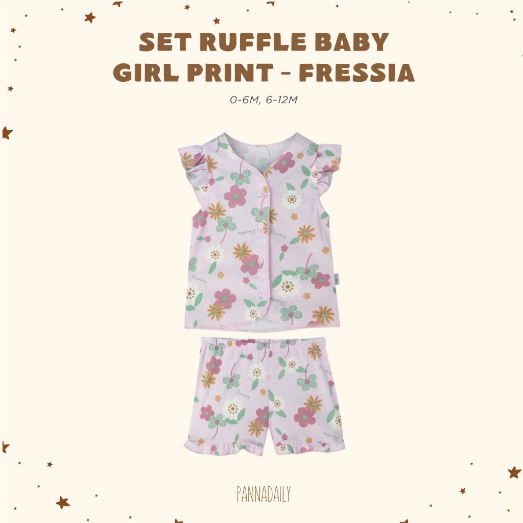 Pannadaily 0-12 Bulan Floral Basic Baby Set Ruffle / Piyama Pendek Ruffle Motif Bunga Bohopanna