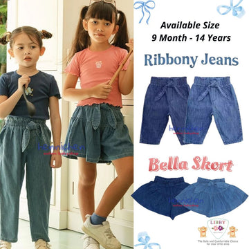 Libby 0 - 6 Tahun Jeans Panjang Anak Perempuan / Celana Rok Bella Skort Ribbon Denim - Ribbony Long Jeans / Rok Celana Pita Denim Fashion BABY BELLA SKORT ROK CELANA ANAK PEREMPUAN 9 BULAN - 14 TAHUN