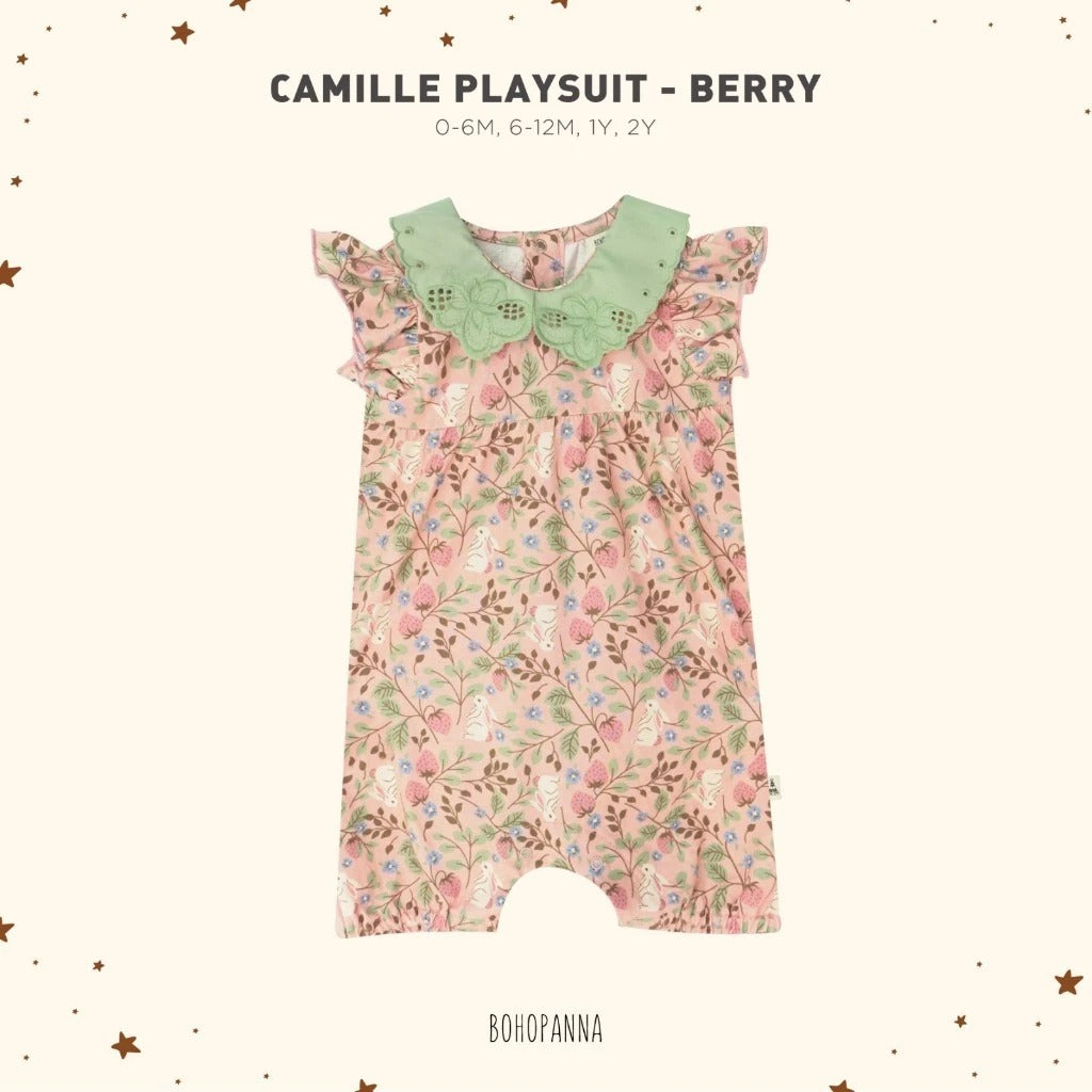 Bohopanna 0-2 Tahun Camille Playsuit / Romper Ruffle Anak Perempuan Motif Bunga Dengan Renda Fashion Bayi Perempuan
