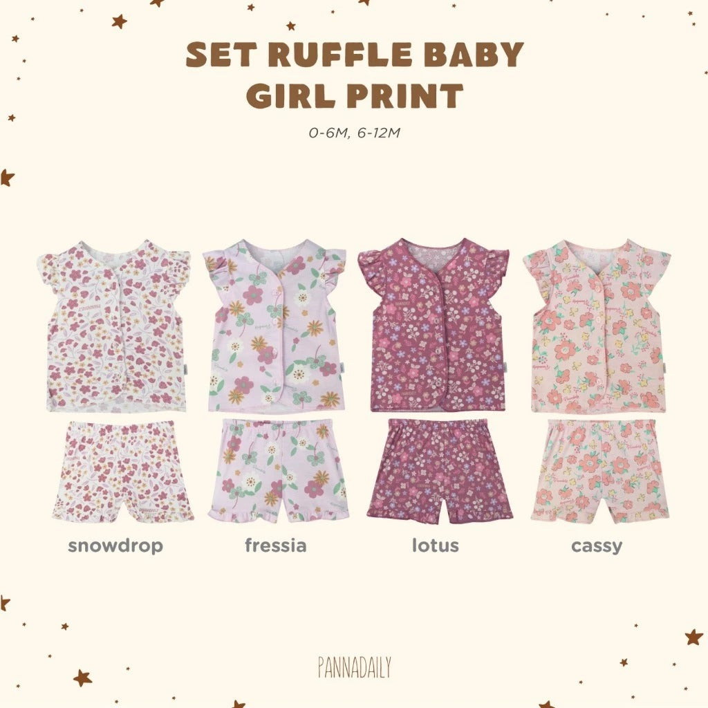 Pannadaily 0-12 Bulan Floral Basic Baby Set Ruffle / Piyama Pendek Ruffle Motif Bunga Bohopanna